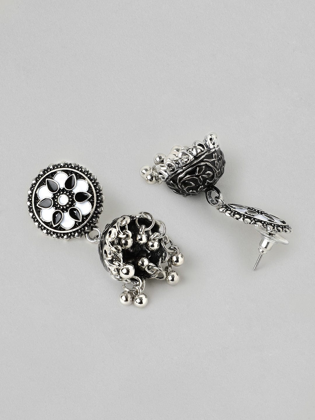 Mirror Studded Oxidised Jhumkas Silver