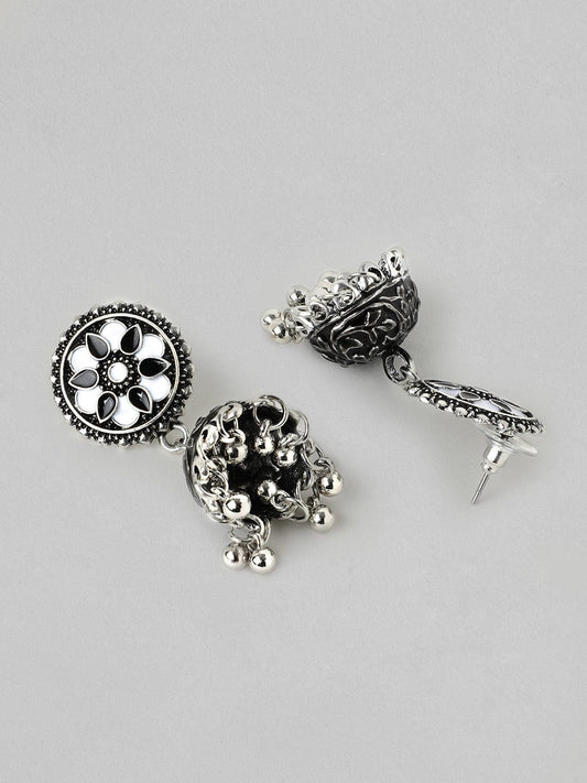 Mirror Studded Oxidised Jhumkas Silver
