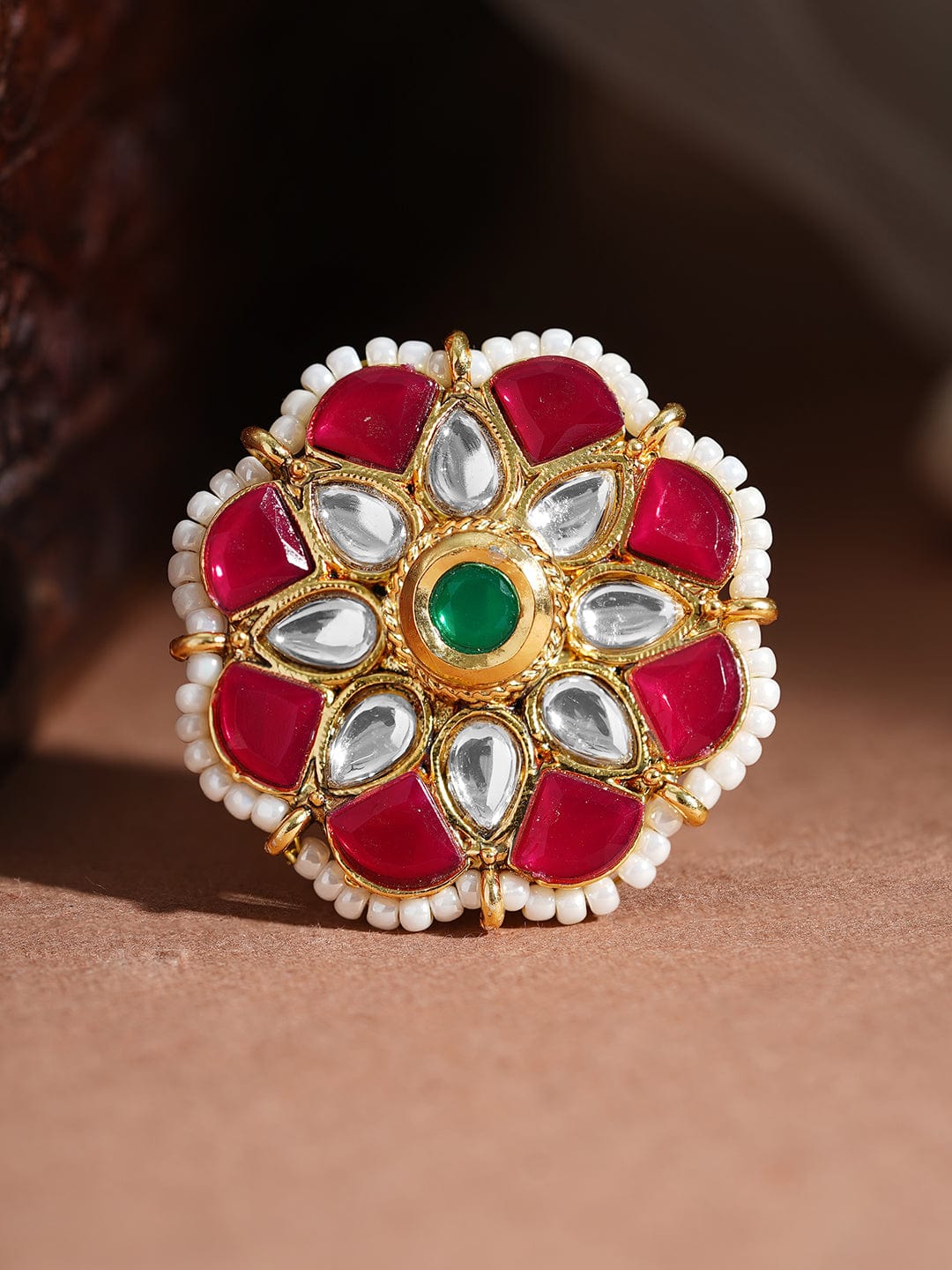 【Rubans】 Women 22K Gold-Plated Kundan-Studded & Pearls Beaded Adjustable Finger Ring｜22K ゴールドメッキ クンダン＆パールビーズ アジャスタブル リング｜フリーサイズ