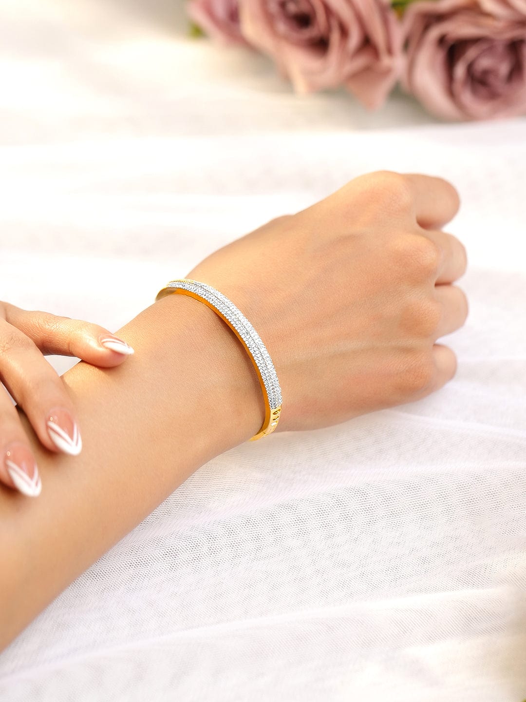 Rubans Women Brass Cubic Zirconia Handcrafted Gold-Plated Bangle-Style Bracelet Gold