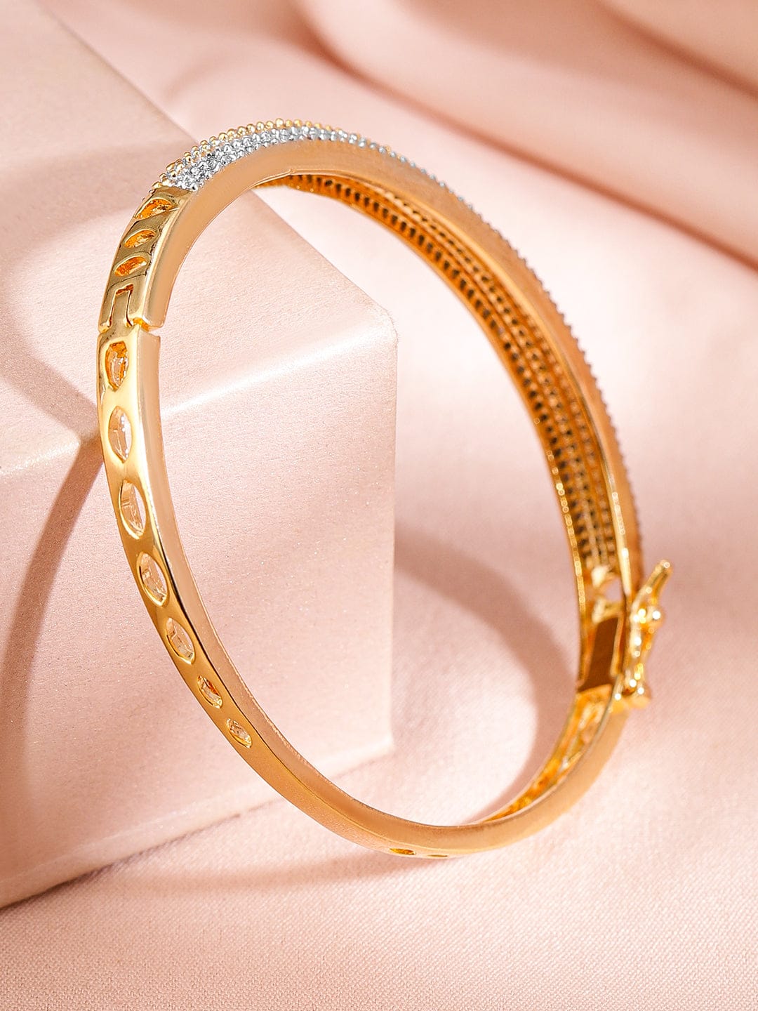 Rubans Women Brass Cubic Zirconia Handcrafted Gold-Plated Bangle-Style Bracelet Gold