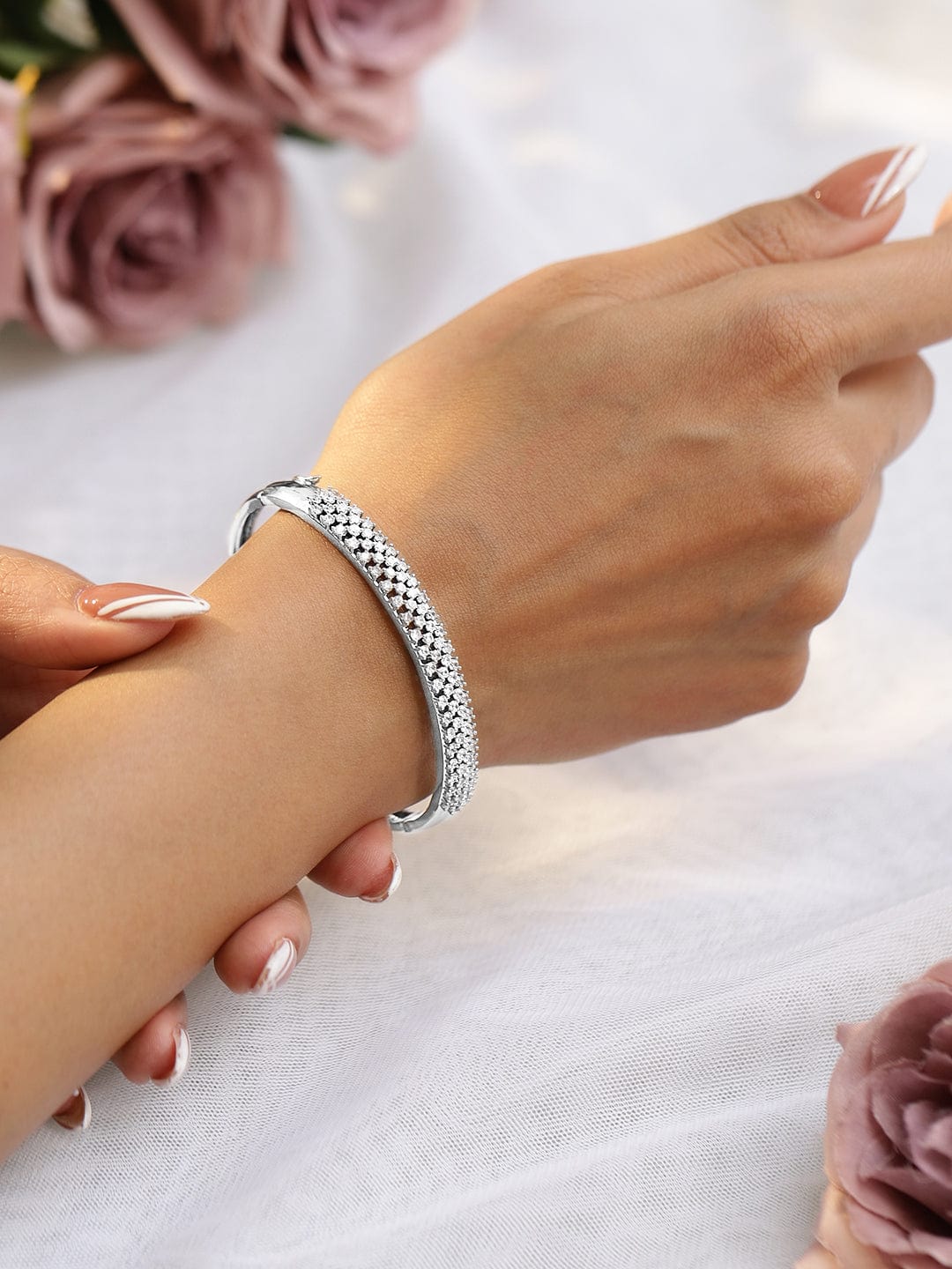 Rubans Women Brass Cubic Zirconia Handcrafted Rhodium-Plated Bangle-Style Bracelet Gold