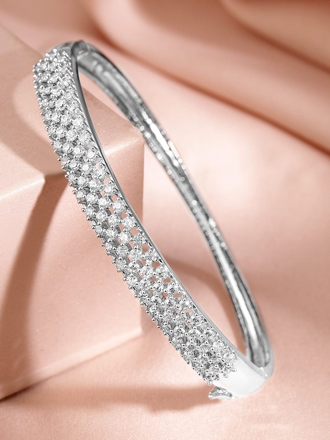 Rubans Women Brass Cubic Zirconia Handcrafted Rhodium-Plated Bangle-Style Bracelet Silver