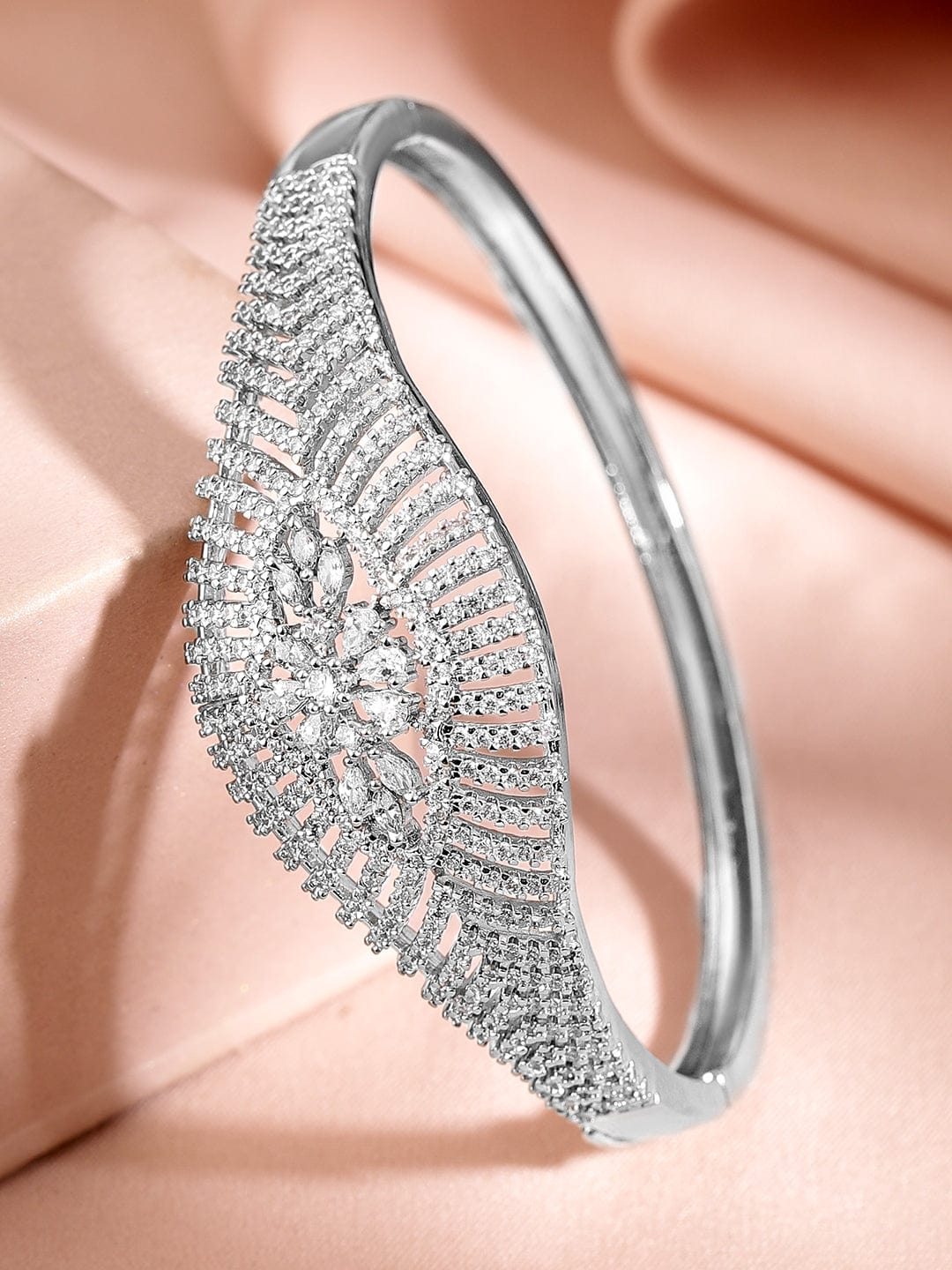 Rubans Women Brass Cubic Zirconia Handcrafted Gold-Plated Cuff Bracelet Silver