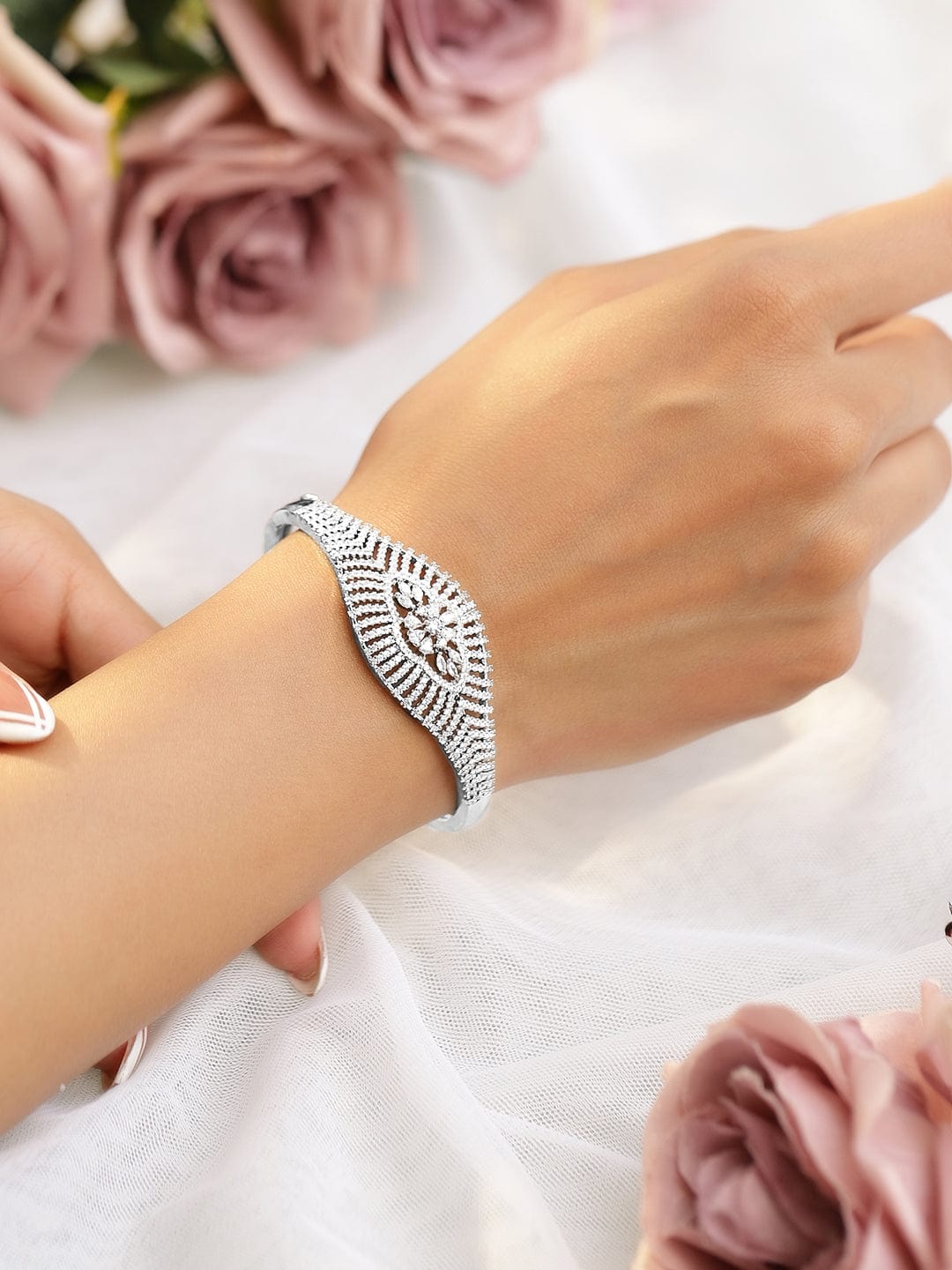 Rubans Women Brass Cubic Zirconia Handcrafted Gold-Plated Cuff Bracelet Gold