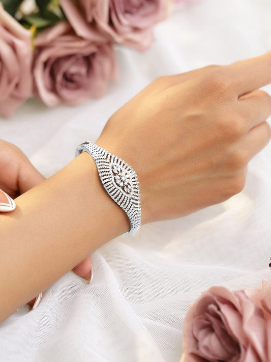 Rubans Women Brass Cubic Zirconia Handcrafted Gold-Plated Cuff Bracelet Silver