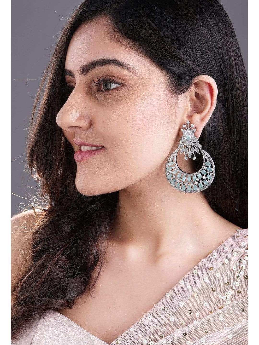 Rubans Zircon Studded Handcrafted Silver Plated Floral Statement Chandbali Earrings Silver