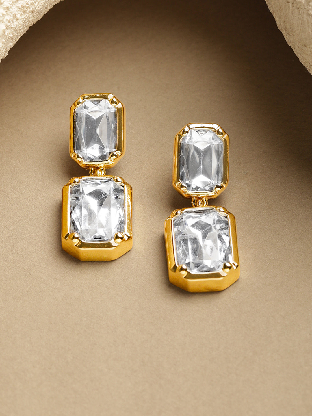 Gold Toned White Crystal Drop Earrings フリーサイズ