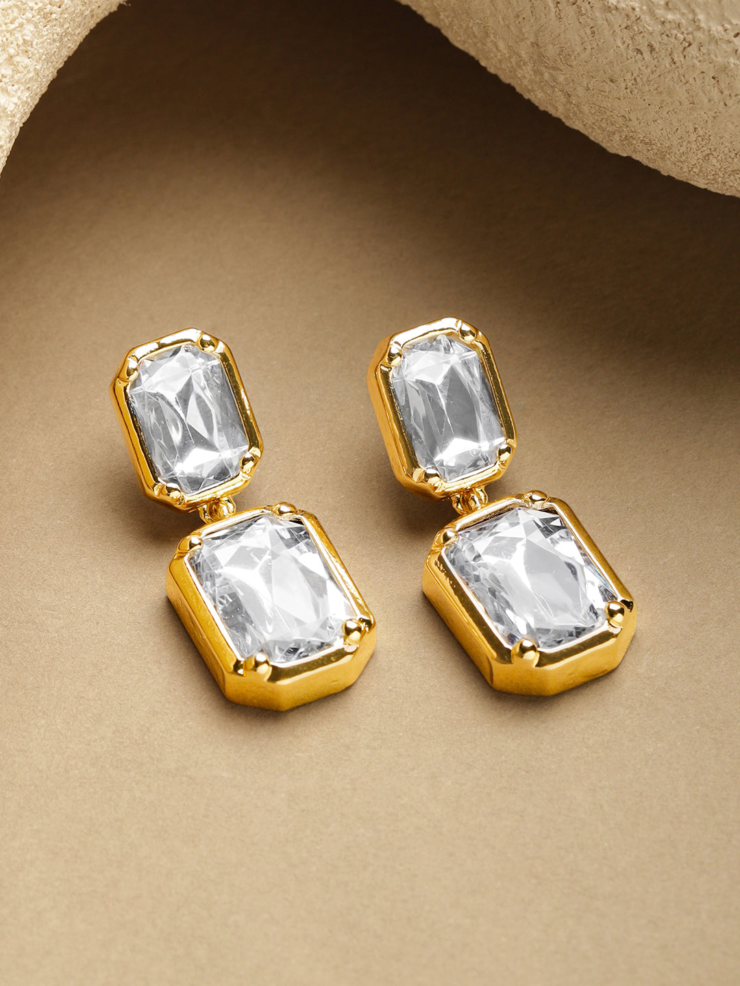 Gold Toned White Crystal Drop Earrings フリーサイズ