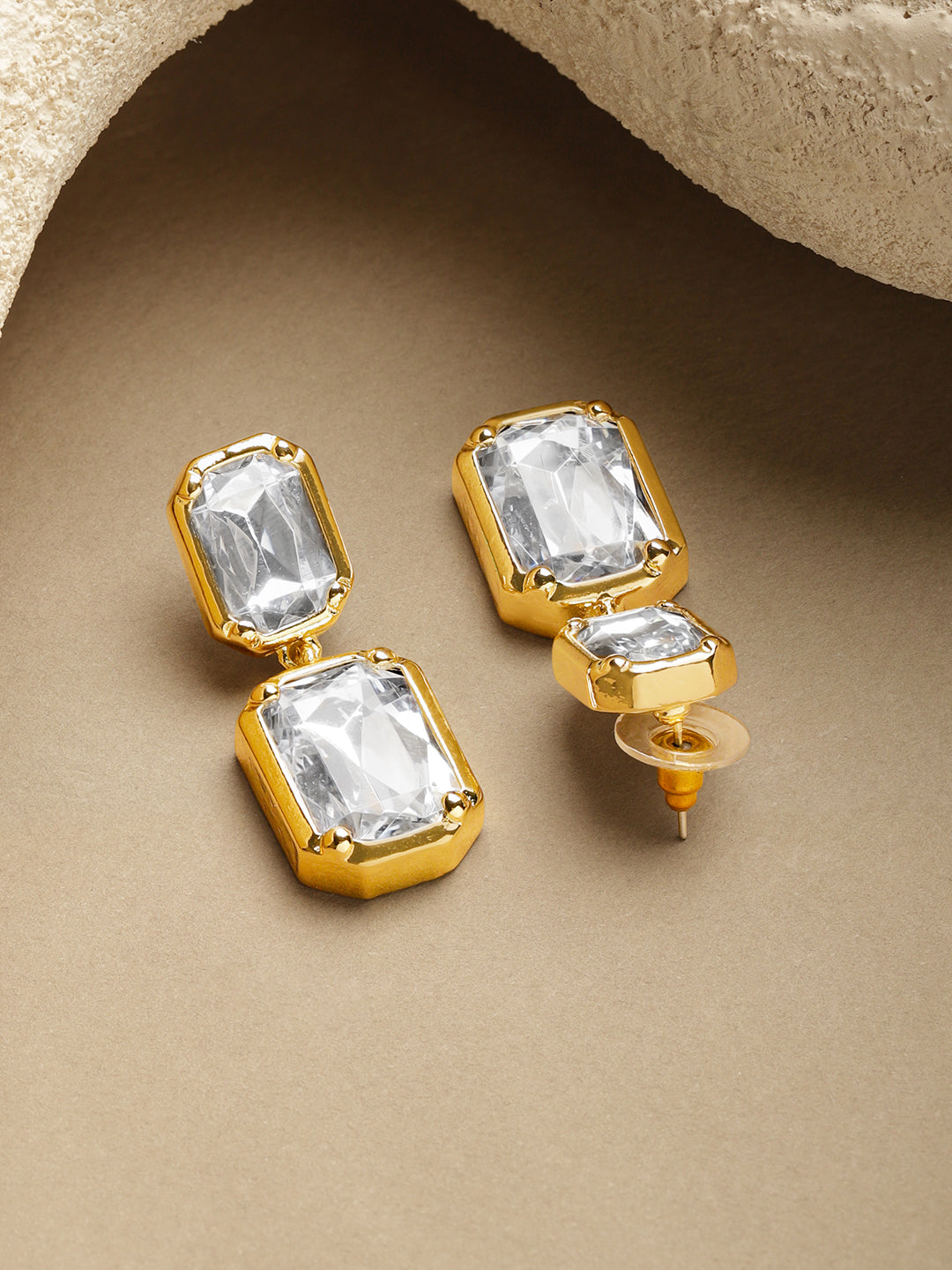 Gold Toned White Crystal Drop Earrings フリーサイズ