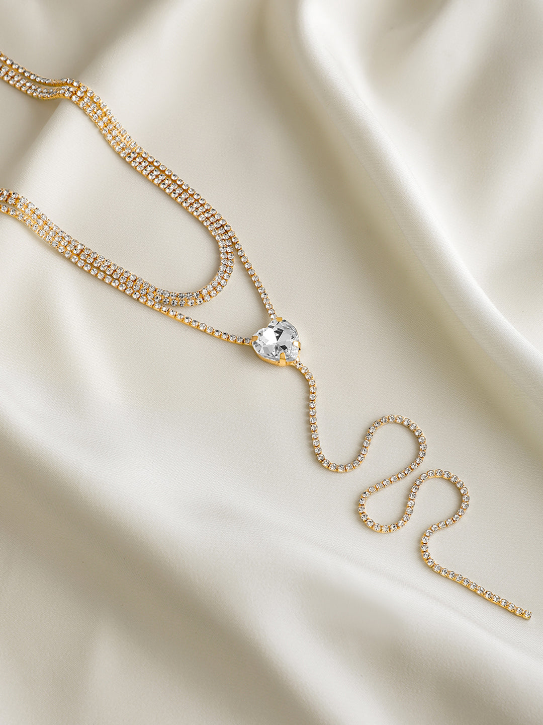 Crystal Studded Layered Heart Necklace Silver