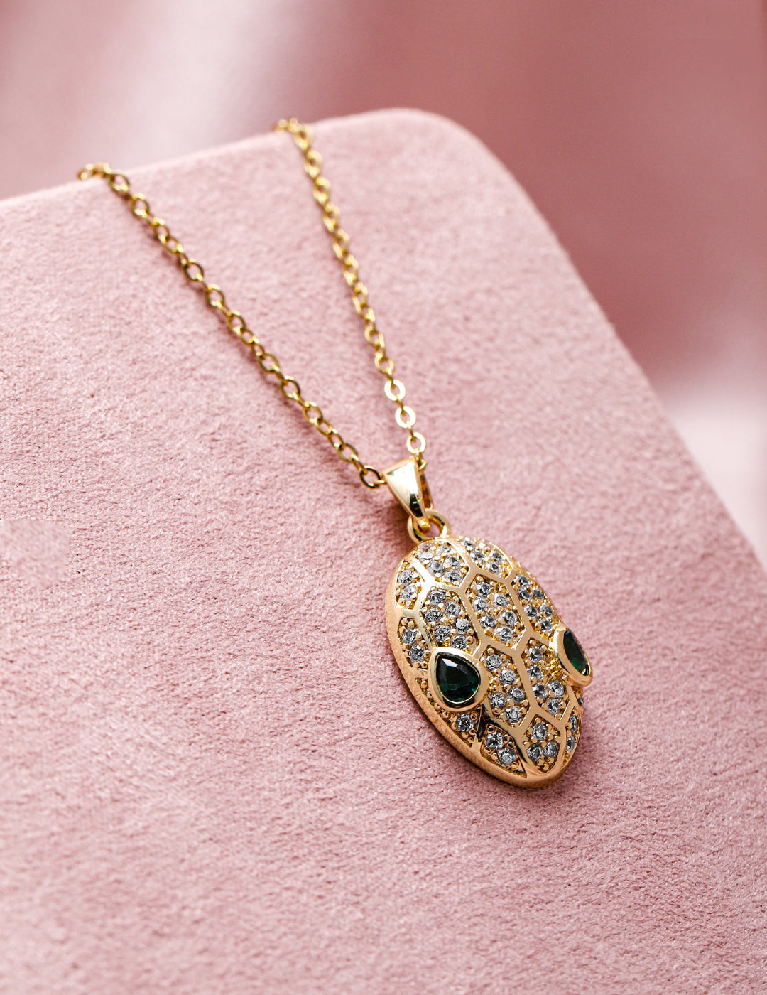 Dazzling White & Green American Diamond Zirconia Studded Pendant Necklace Gold