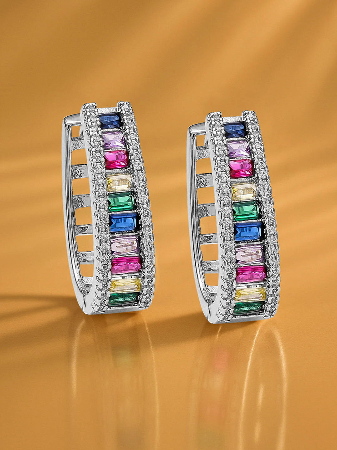 【Rubans】 Rhodium Plated Multicolor Baguette Hoop Earrings｜ロジウムメッキ マルチカラー バゲット フープイヤリング