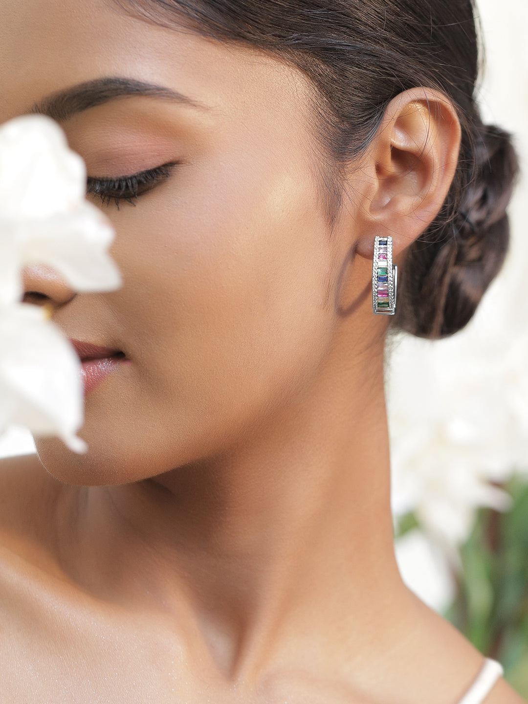 【Rubans】 Rhodium Plated Multicolor Baguette Hoop Earrings｜ロジウムメッキ マルチカラー バゲット フープイヤリング