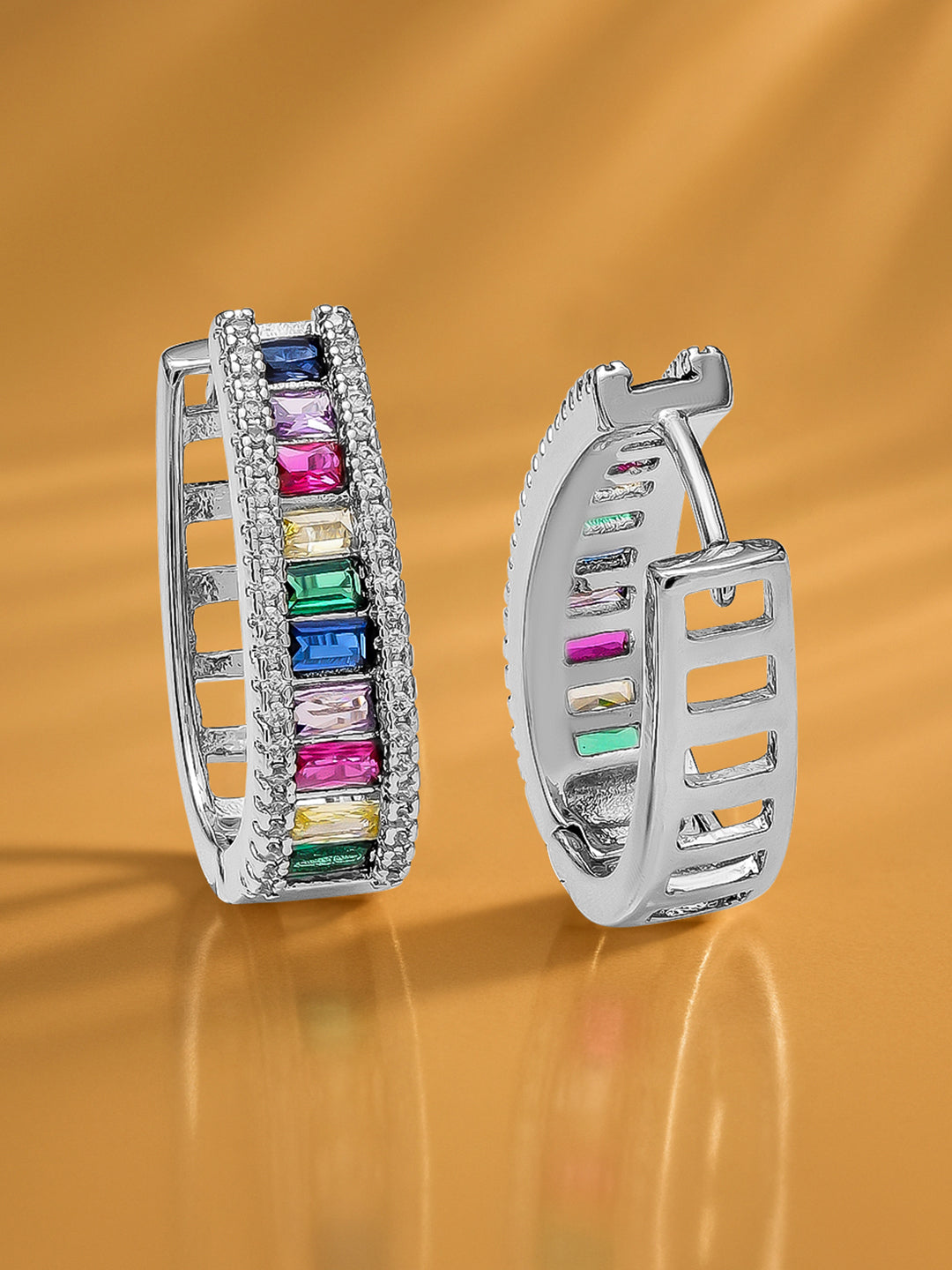 【Rubans】 Rhodium Plated Multicolor Baguette Hoop Earrings｜ロジウムメッキ マルチカラー バゲット フープイヤリング