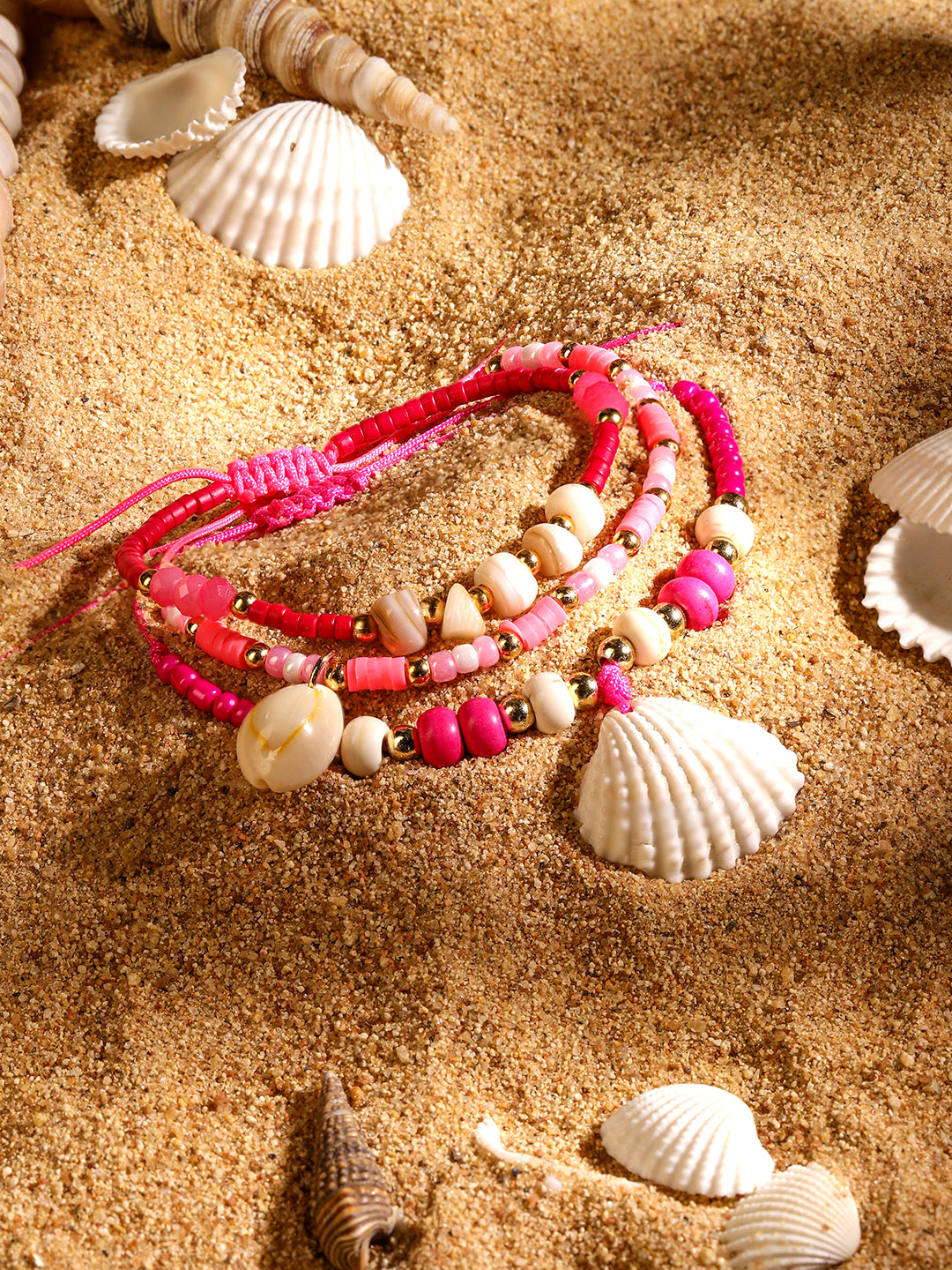 Rubans Set of 3 Adjustable Anklets with Shell Charms & Beads in Light & Dark Pink Tones フリーサイズ
