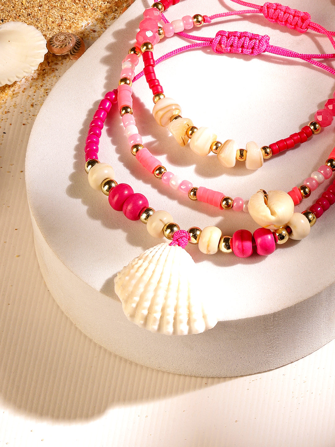 Rubans Set of 3 Adjustable Anklets with Shell Charms & Beads in Light & Dark Pink Tones フリーサイズ