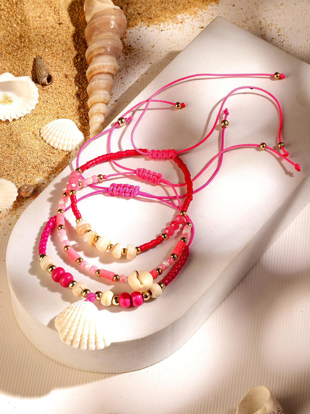 Rubans Set of 3 Adjustable Anklets with Shell Charms & Beads in Light & Dark Pink Tones フリーサイズ
