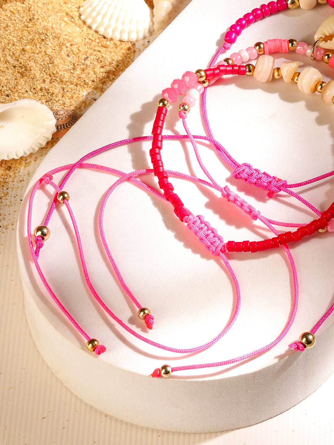 Rubans Set of 3 Adjustable Anklets with Shell Charms & Beads in Light & Dark Pink Tones フリーサイズ