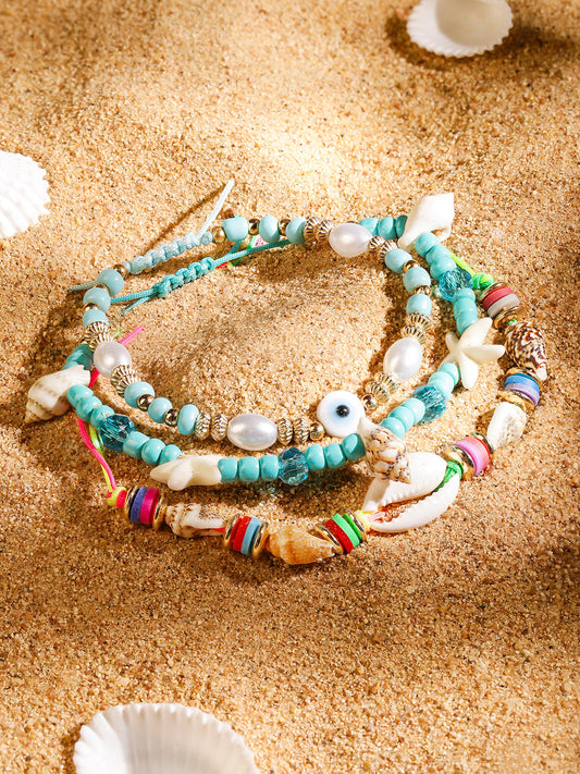 【Rubans】 Set of 3 Adjustable Cord Anklets in Aqua & Multicolor with Shell Beads & Evil Eye｜アジャスタブル コードアンクレット 3本セット アクア＆マルチカラー（シェルビーズ＆イービルアイ）｜フリーサイズ