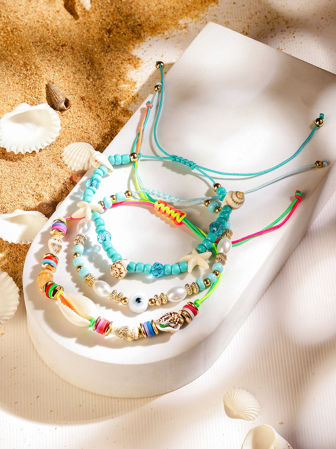 【Rubans】 Set of 3 Adjustable Cord Anklets in Aqua & Multicolor with Shell Beads & Evil Eye｜アジャスタブル コードアンクレット 3本セット アクア＆マルチカラー（シェルビーズ＆イービルアイ）｜フリーサイズ