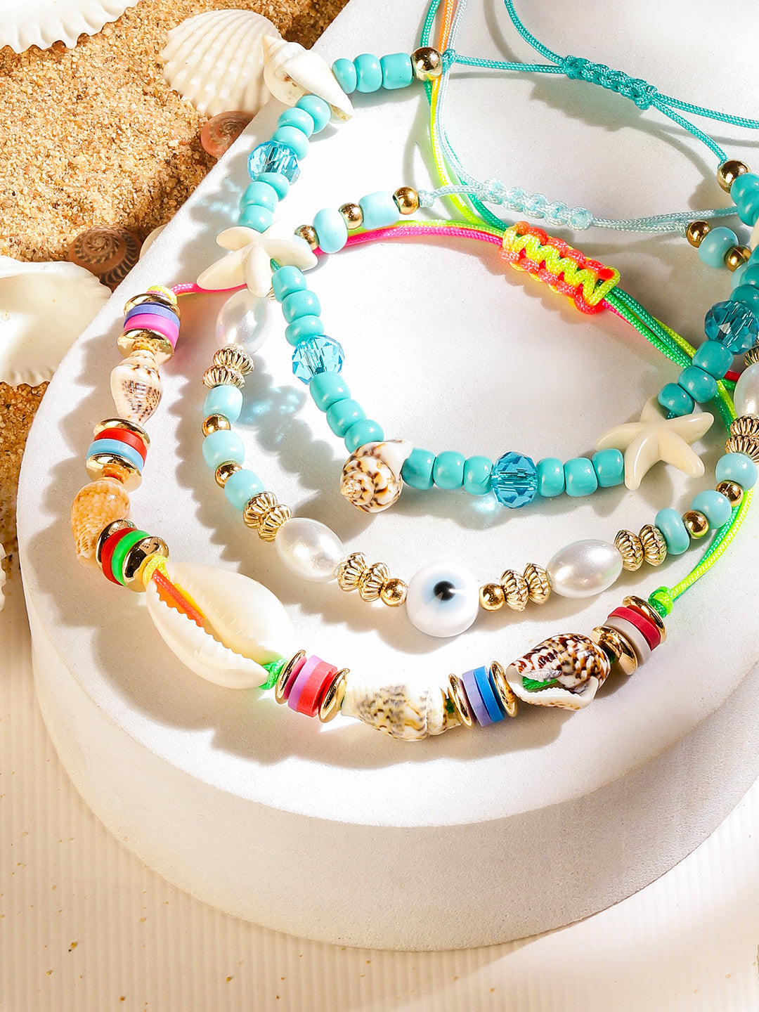【Rubans】 Set of 3 Adjustable Cord Anklets in Aqua & Multicolor with Shell Beads & Evil Eye｜アジャスタブル コードアンクレット 3本セット アクア＆マルチカラー（シェルビーズ＆イービルアイ）｜フリーサイズ