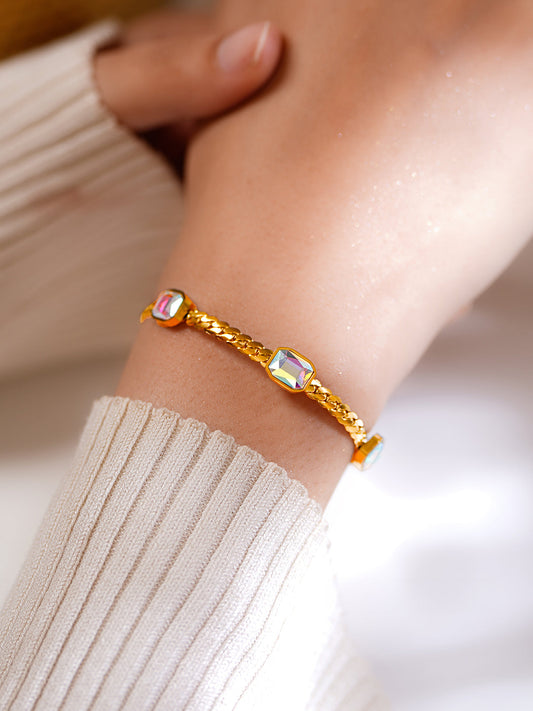 Demi Fine 18K Gold Plated Stainless Steel Rainbow Crystal Chain Bracelet フリーサイズ