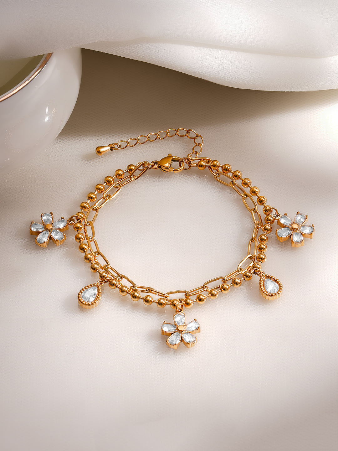 Demi Fine 18K Gold Plated Stainless Steel Daisy Crystal Charm Bracelet フリーサイズ