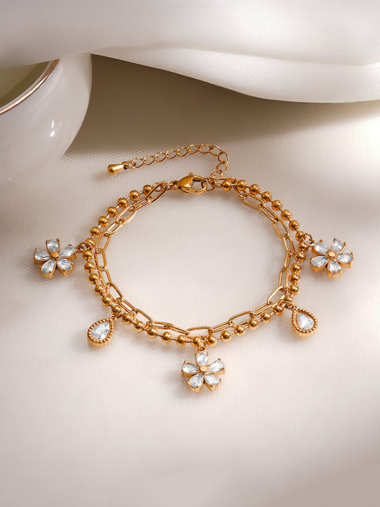 Demi Fine 18K Gold Plated Stainless Steel Daisy Crystal Charm Bracelet フリーサイズ