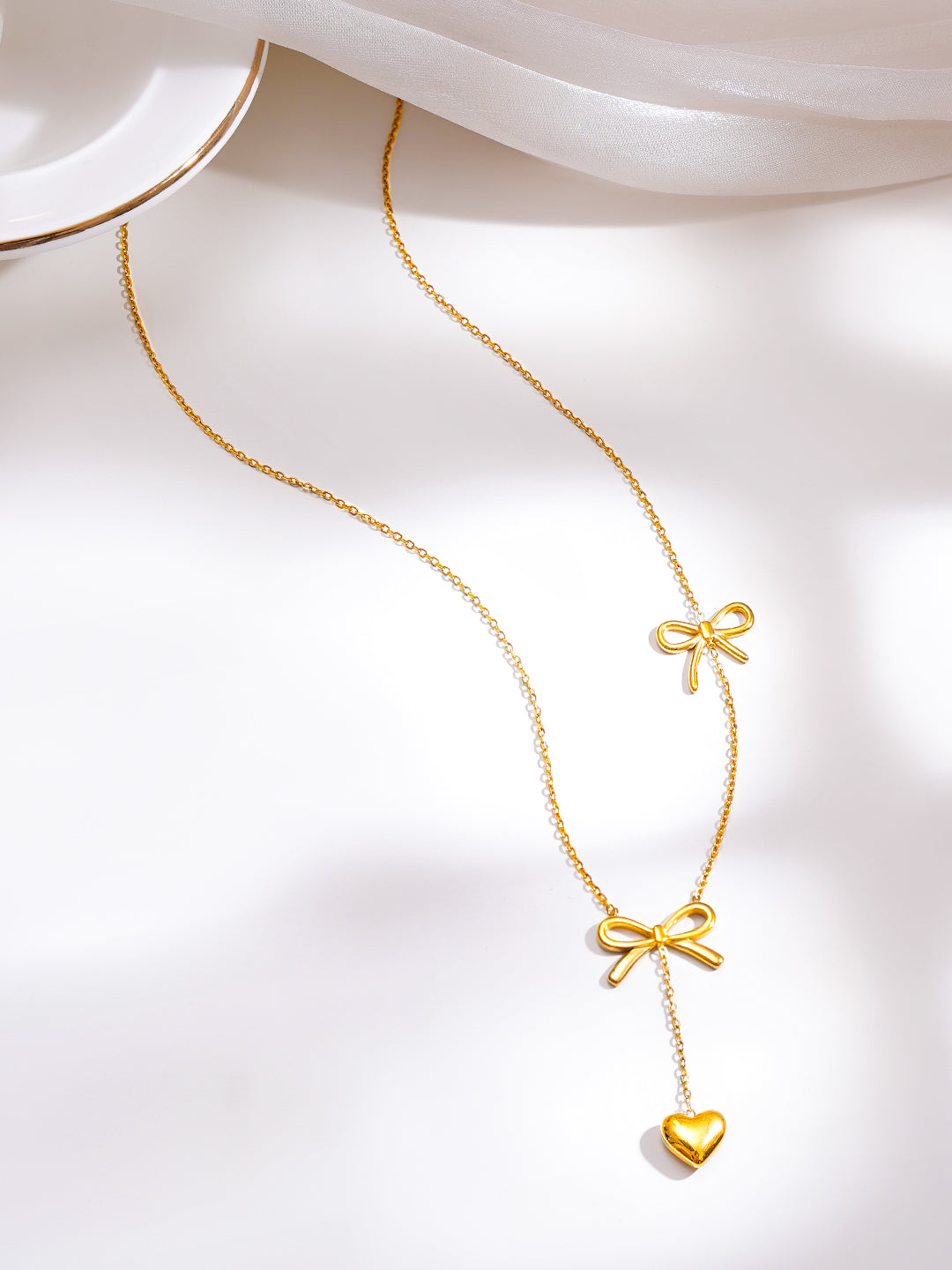 Demi Fine 18K Gold Plated Stainless Steel Double Bow Heart Drop Necklace フリーサイズ
