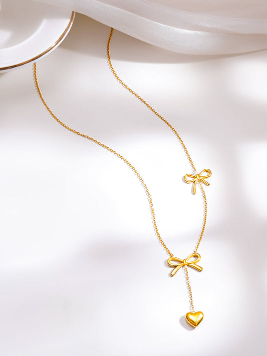 Demi Fine 18K Gold Plated Stainless Steel Double Bow Heart Drop Necklace フリーサイズ