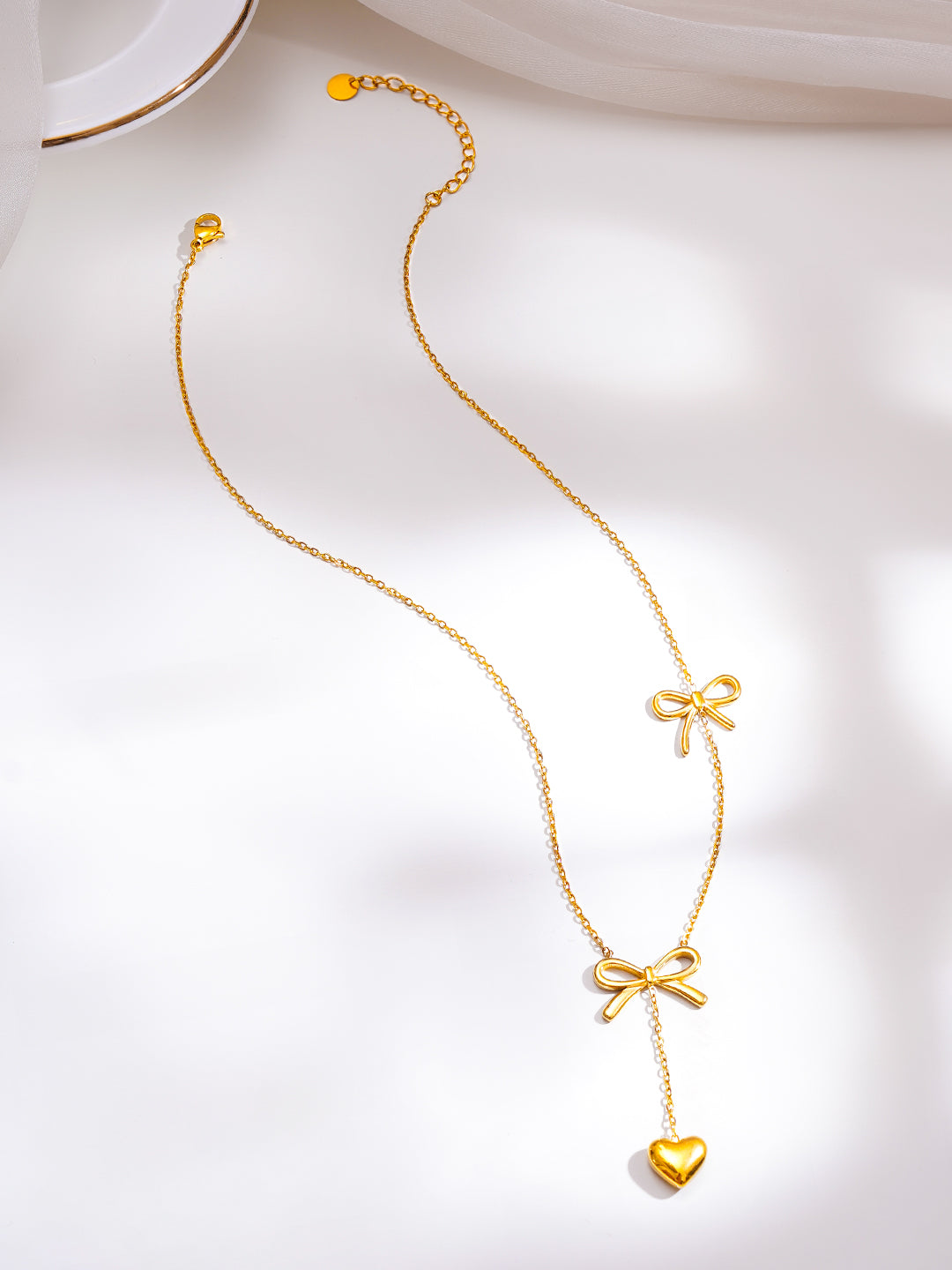 Demi Fine 18K Gold Plated Stainless Steel Double Bow Heart Drop Necklace フリーサイズ