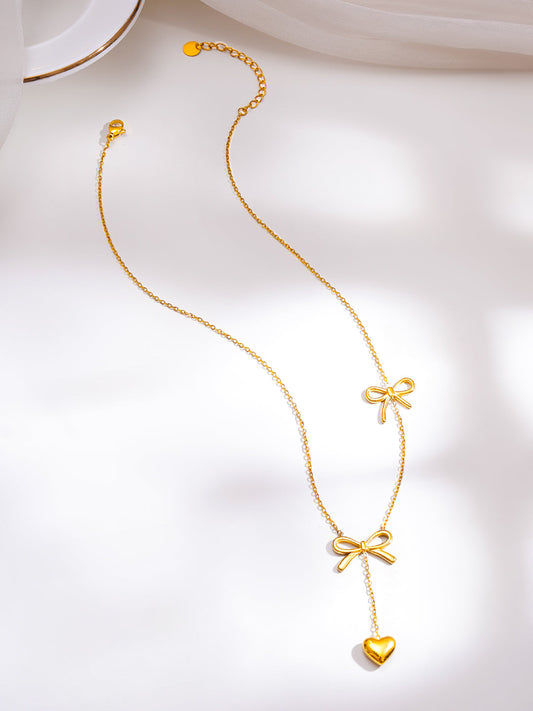 Demi Fine 18K Gold Plated Stainless Steel Double Bow Heart Drop Necklace フリーサイズ