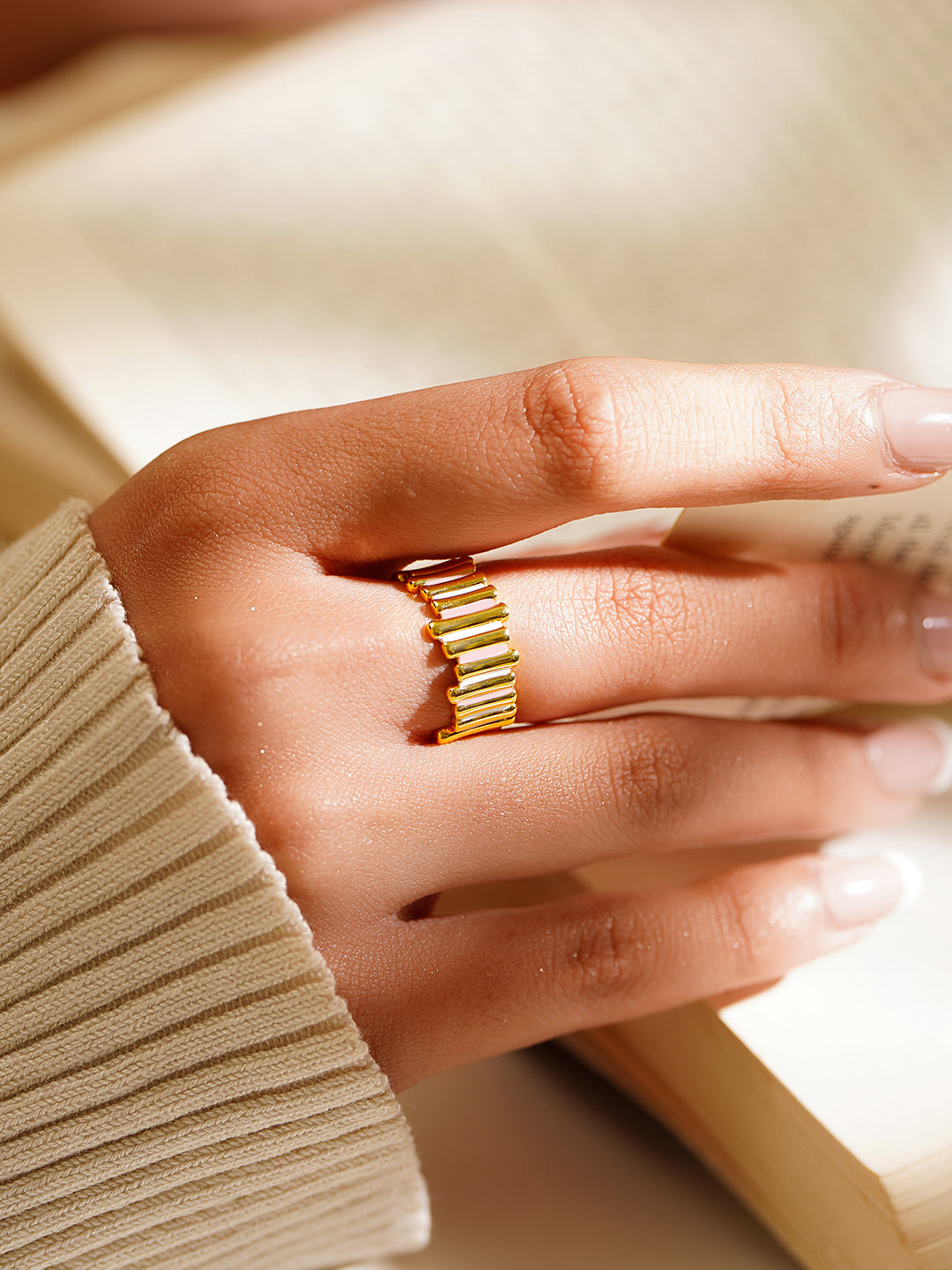 【Rubans】 925 Fine Silver Gold Plated Adjustable Ribbed Statement Ring｜925 ファインシルバー ゴールドプレーテッド アジャスタブル リブド ステートメントリング｜フリーサイズ