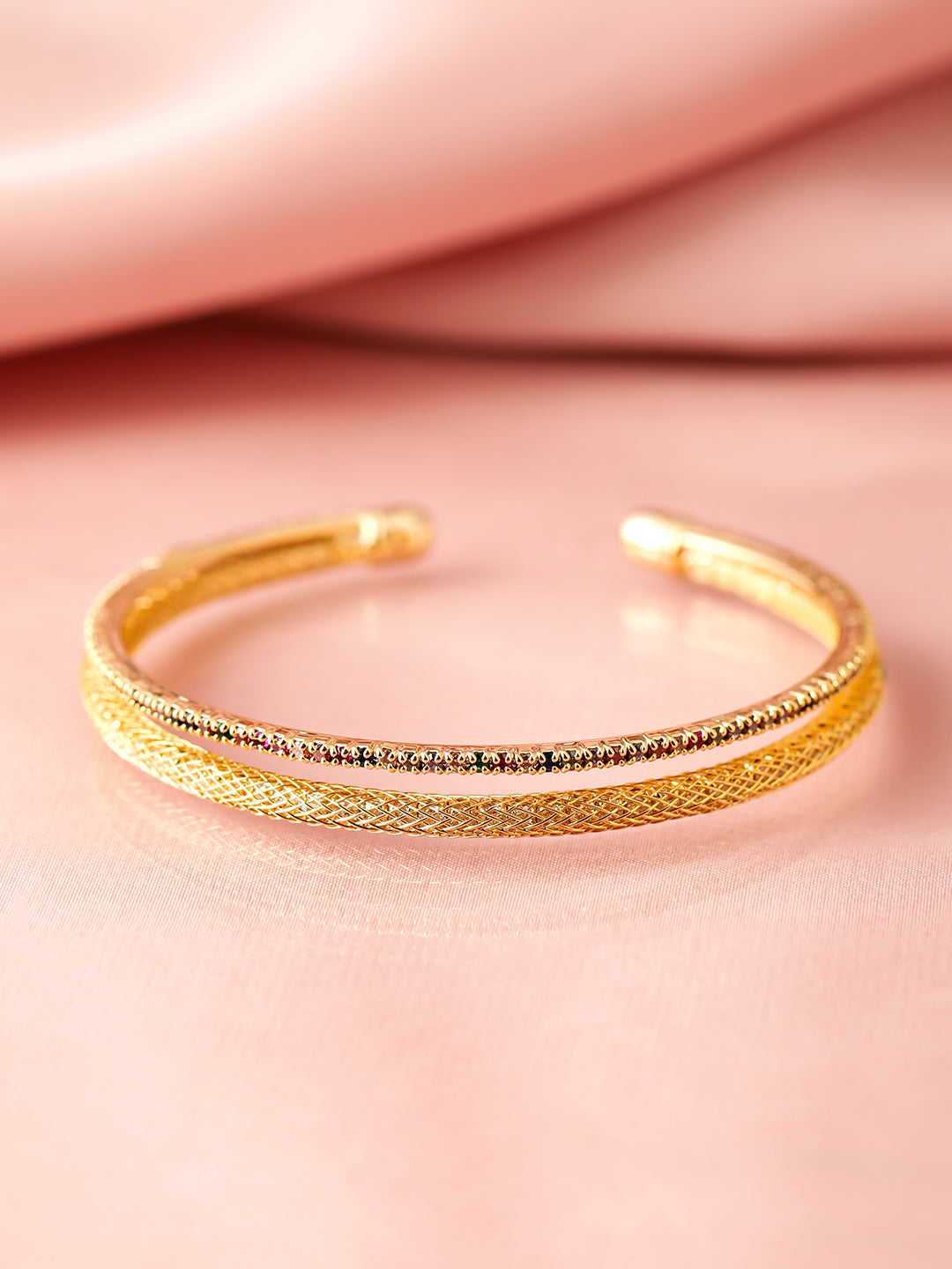 22K Gold Plated Baguette-Cut AD & Cubic Zirconia Studded Double Layered Bracelet Gold