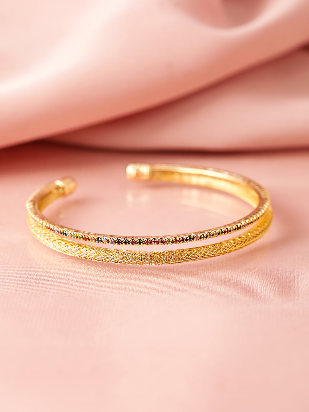 22K Gold Plated Baguette-Cut AD & Cubic Zirconia Studded Double Layered Bracelet Gold