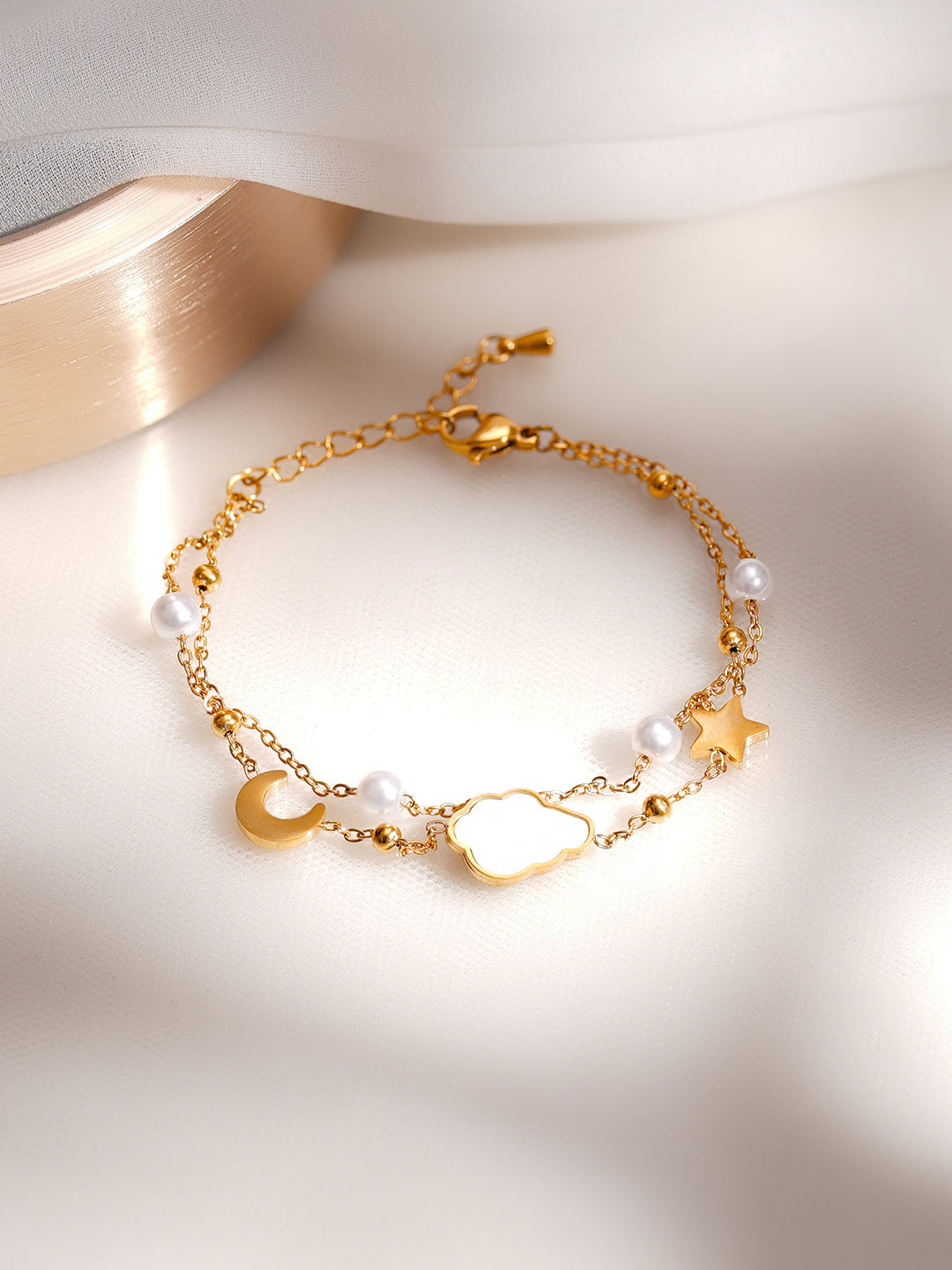 Demi Fine 18K Gold Plated Stainless Steel Moon Star Celestial Charm Bracelet フリーサイズ