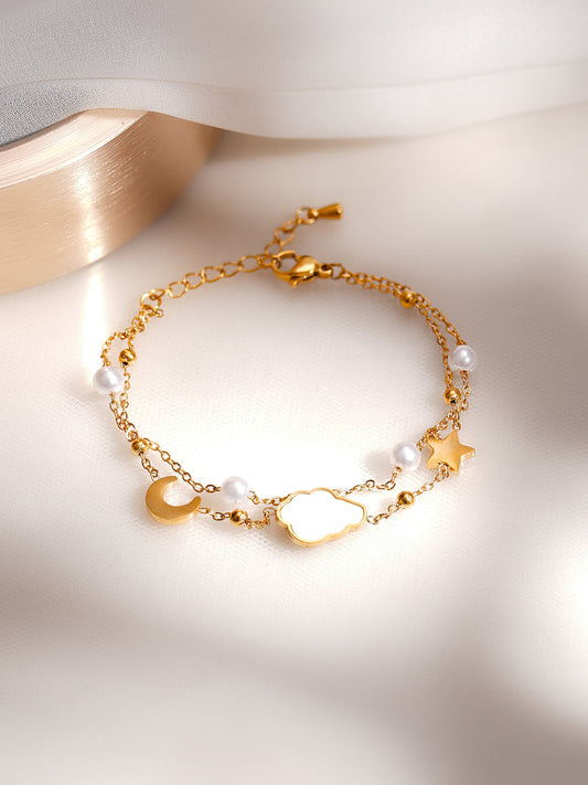 Demi Fine 18K Gold Plated Stainless Steel Moon Star Celestial Charm Bracelet フリーサイズ