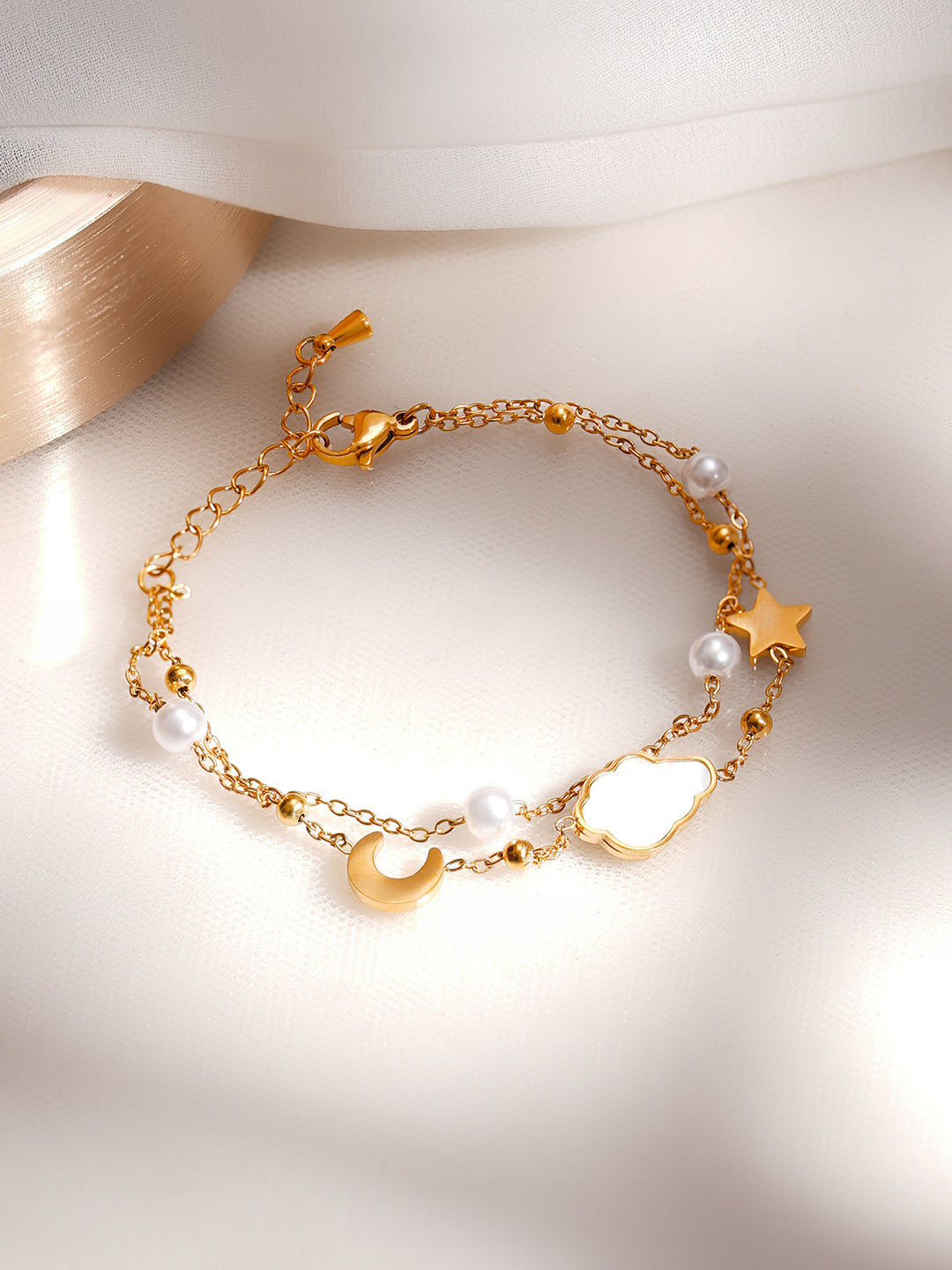 Demi Fine 18K Gold Plated Stainless Steel Moon Star Celestial Charm Bracelet フリーサイズ
