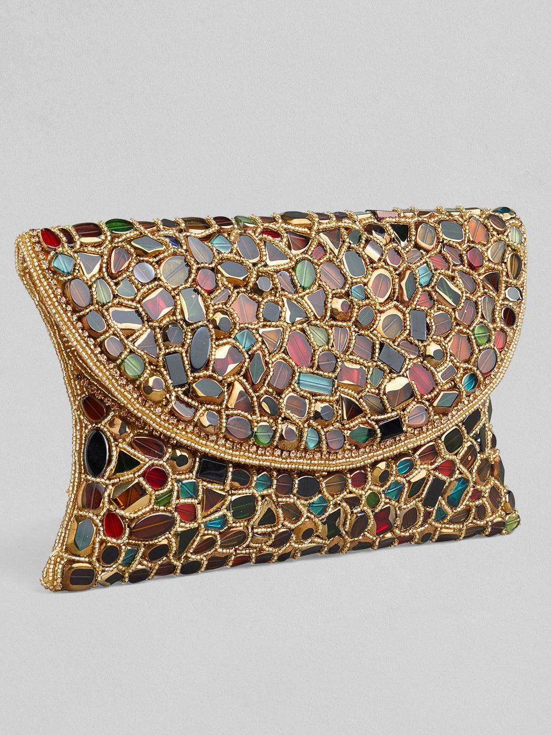 Rubans Multicolour Stone Studded Clutch Bag With Golden Embroided Design Gold