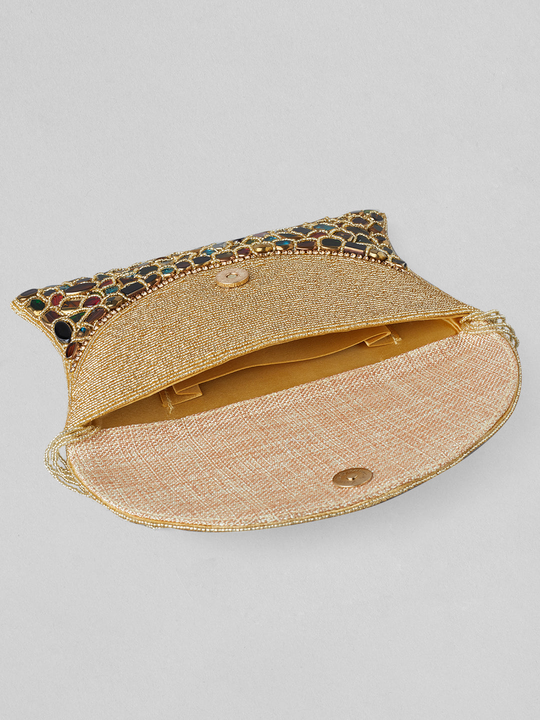 Rubans Multicolour Stone Studded Clutch Bag With Golden Embroided Design Gold