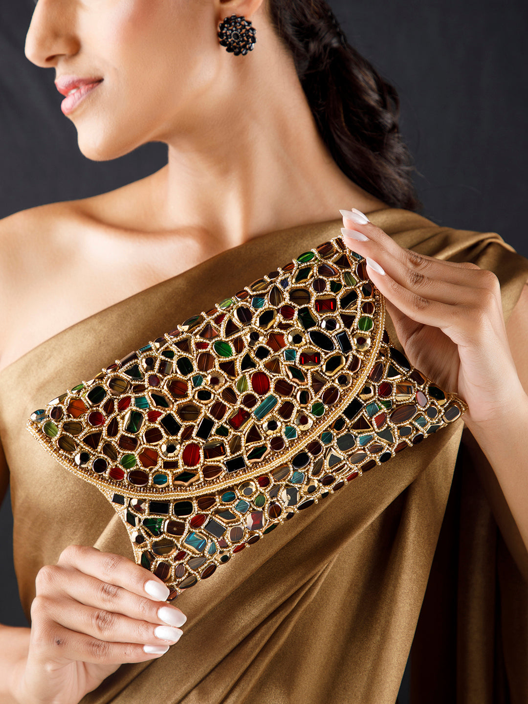 Rubans Multicolour Stone Studded Clutch Bag With Golden Embroided Design Gold