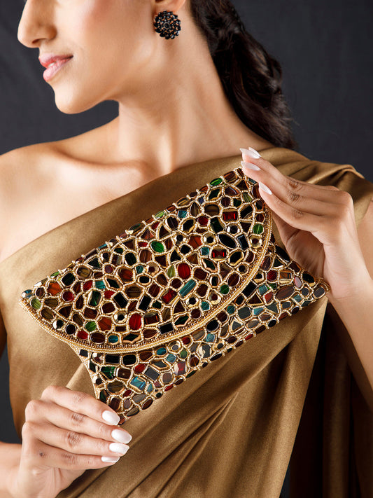 Rubans Multicolour Stone Studded Clutch Bag With Golden Embroided Design Gold