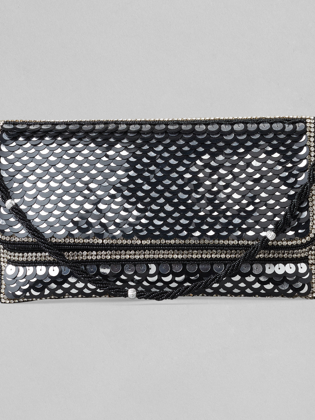Rubans Silver Colour Clutch With Black Embroided Design. Silver