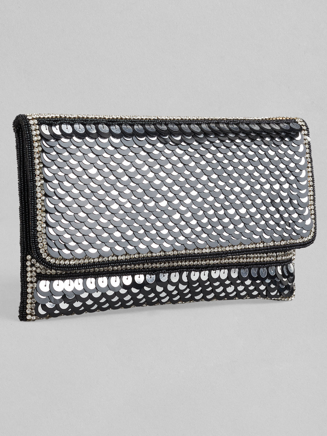Rubans Silver Colour Clutch With Black Embroided Design. Silver