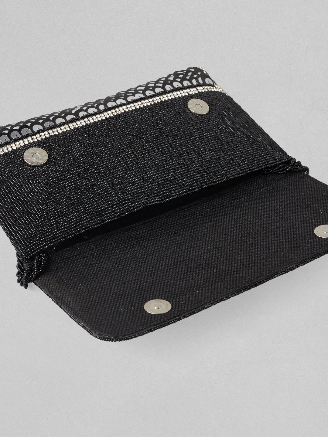 Rubans Silver Colour Clutch With Black Embroided Design. Silver