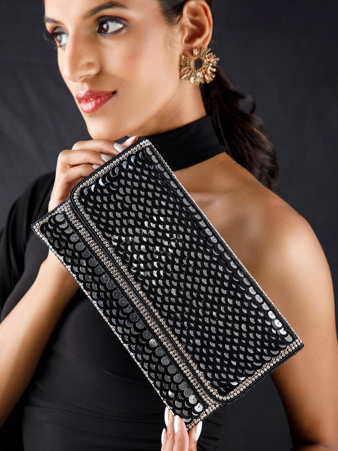 Rubans Silver Colour Clutch With Black Embroided Design. Silver