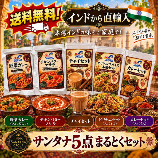 サンタナ 5点まるとくセット（野菜カレー・チキンバターマサラ・チャイセット・ビリヤニセット・カレーセット）送料無料・クンナ・ダッシュ監修