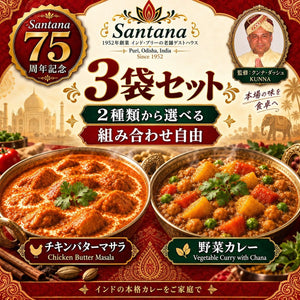 サンタナ レトルトカレー 3袋セット（野菜カレー／チキンバターマサラ 組み合わせ自由）クンナ・ダッシュ監修・サンタナ創業75周年記念