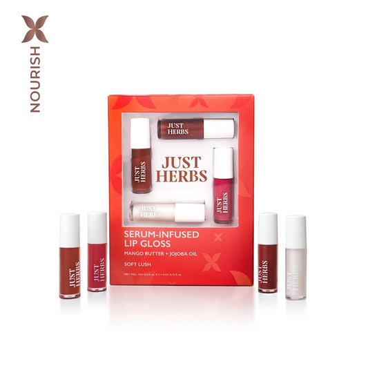 Just Herbs セラムインフューズド リップグロス ソフトラッシュ 4色キットの化粧箱とミニチューブ4本